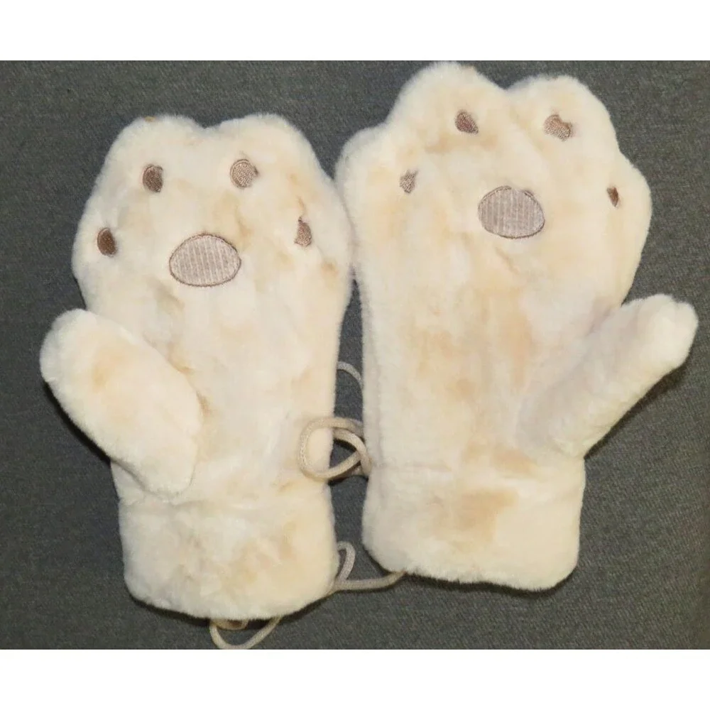 Women's Soft Cozy Plush Beige Dino Dinosaur Mittens Size Small-Medium